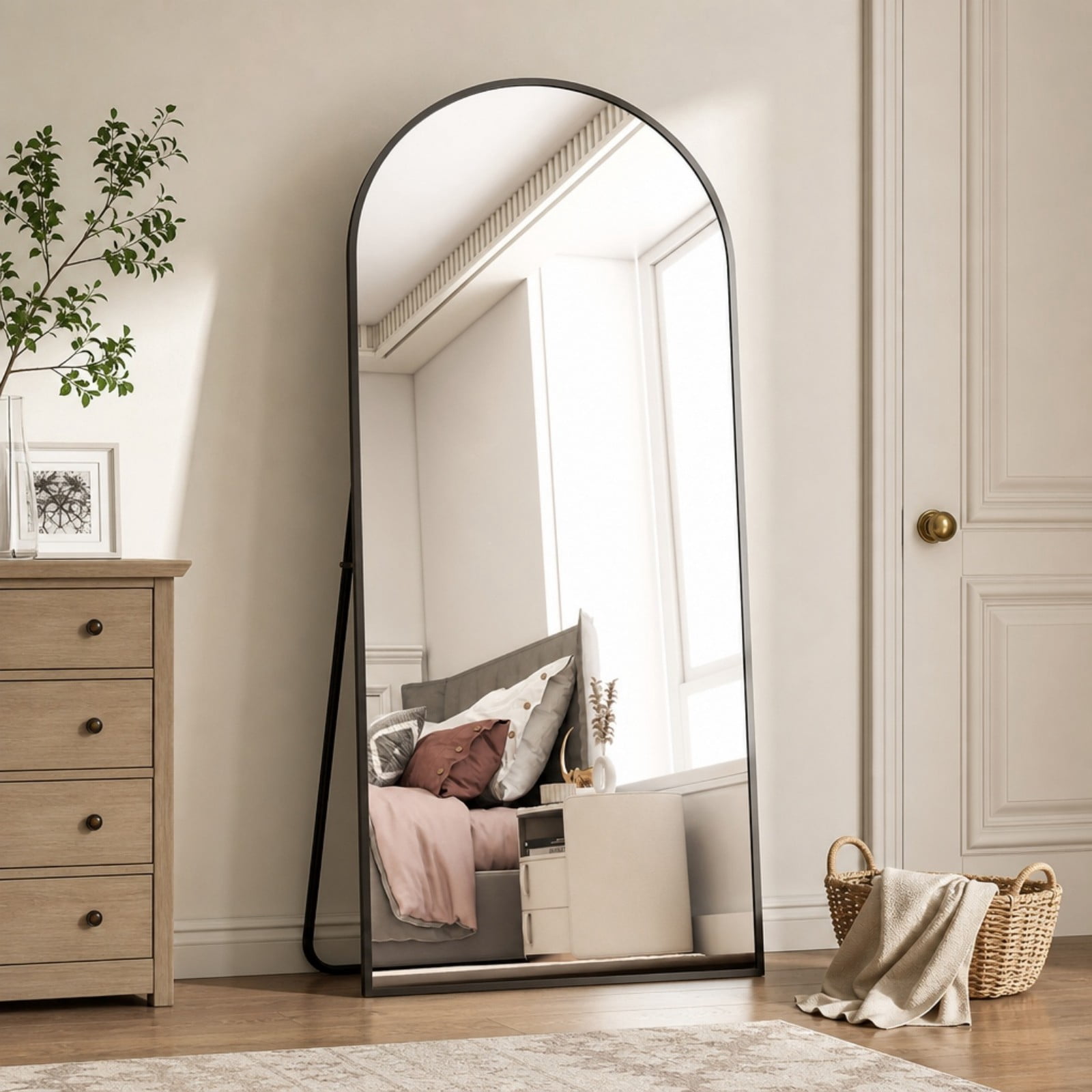 Fynelo 76"x34" Arched Full Length Floor Mirror Free-standing Mirror with Aluminum Alloy Frame, Black