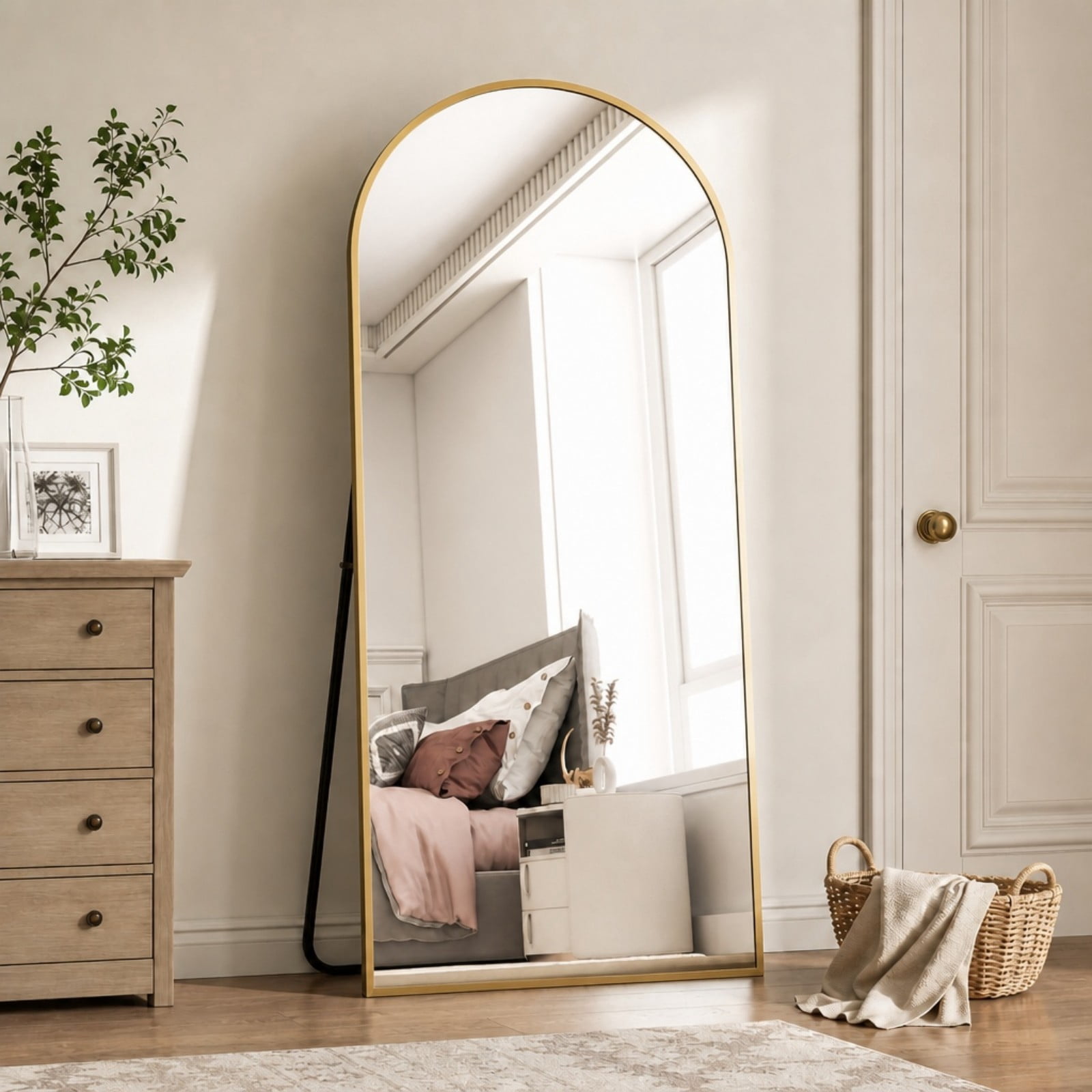 Fynelo 76"x34" Arched Full Length Floor Mirror Free-standing Mirror with Aluminum Alloy Frame, Gold