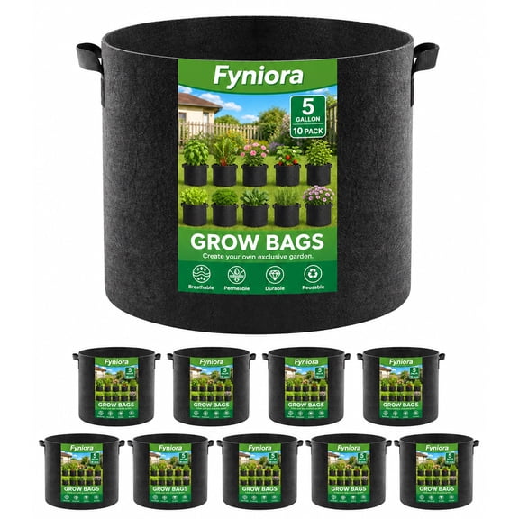 Fyniora 10-Pack 5 Gallon Grow Bags, Thickened Nonwoven Fabric Plant Pots with Handles for Gardening, Heavy Duty Growing Bags for Plants and Vegetables, Black