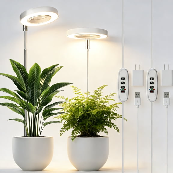 Fyniora Plant Grow Light, Full Spectrum LED Plant Light for Indoor Plants, Height Adjustable Growing Lamp with Auto On/Off Timer 3/9/12H, 10 Dimmable Brightness, Ideal for Small Plants, 2 Pack, White