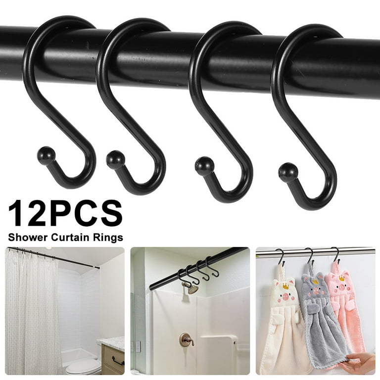 Fyrome 12 Pack Bathroom Shower Curtain Hooks, Metal Shower Curtain Rings Set, Rust-Resistant S Shaped Decorative Shower Hooks, Matte Black
