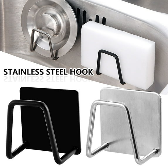 Fyrome 2 Pack Kitchen Stainless Steel Adhesive Sponge Holder Dishcloth Brush Storage Holder Sink Caddy, Rust Proof Waterproof, Black