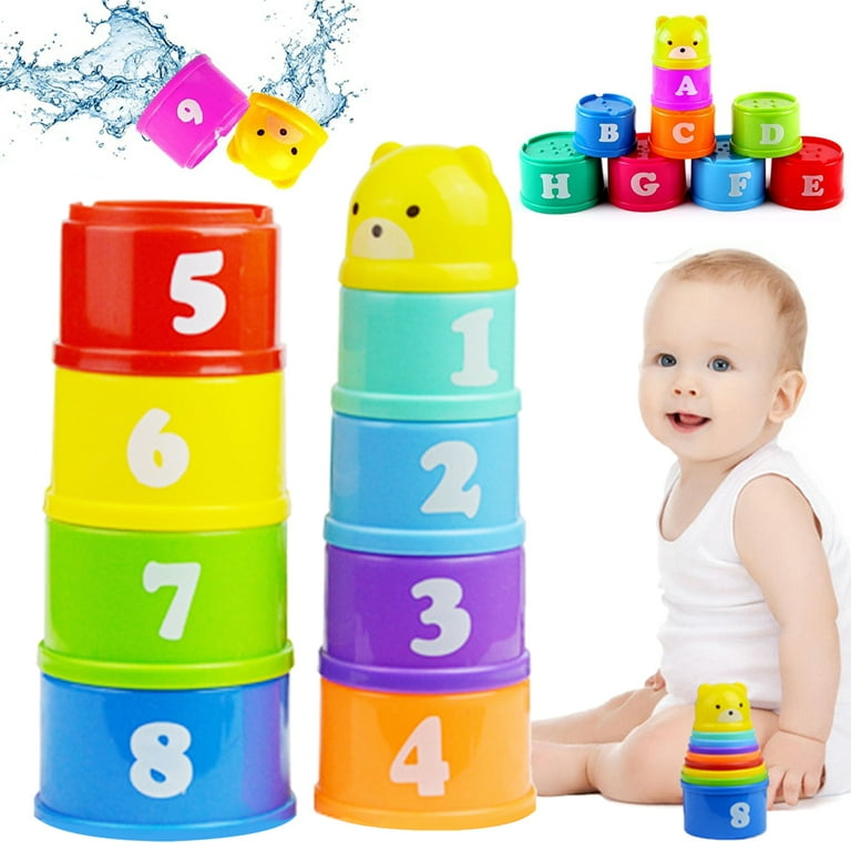 Fyrome Plastic Baby Stacking Cups Nesting Cups for Toddlers Early Educational Toys Set with Numbers Animal Characters Rainbow Multi Color 9 Pieces