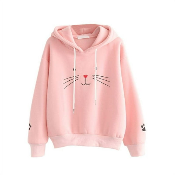 Fysho Girls Plus Velvet Pullover Sweater Hoodie Cute Cat Print Long Sleeve Casual Warm Winter Autumn Loose Tops