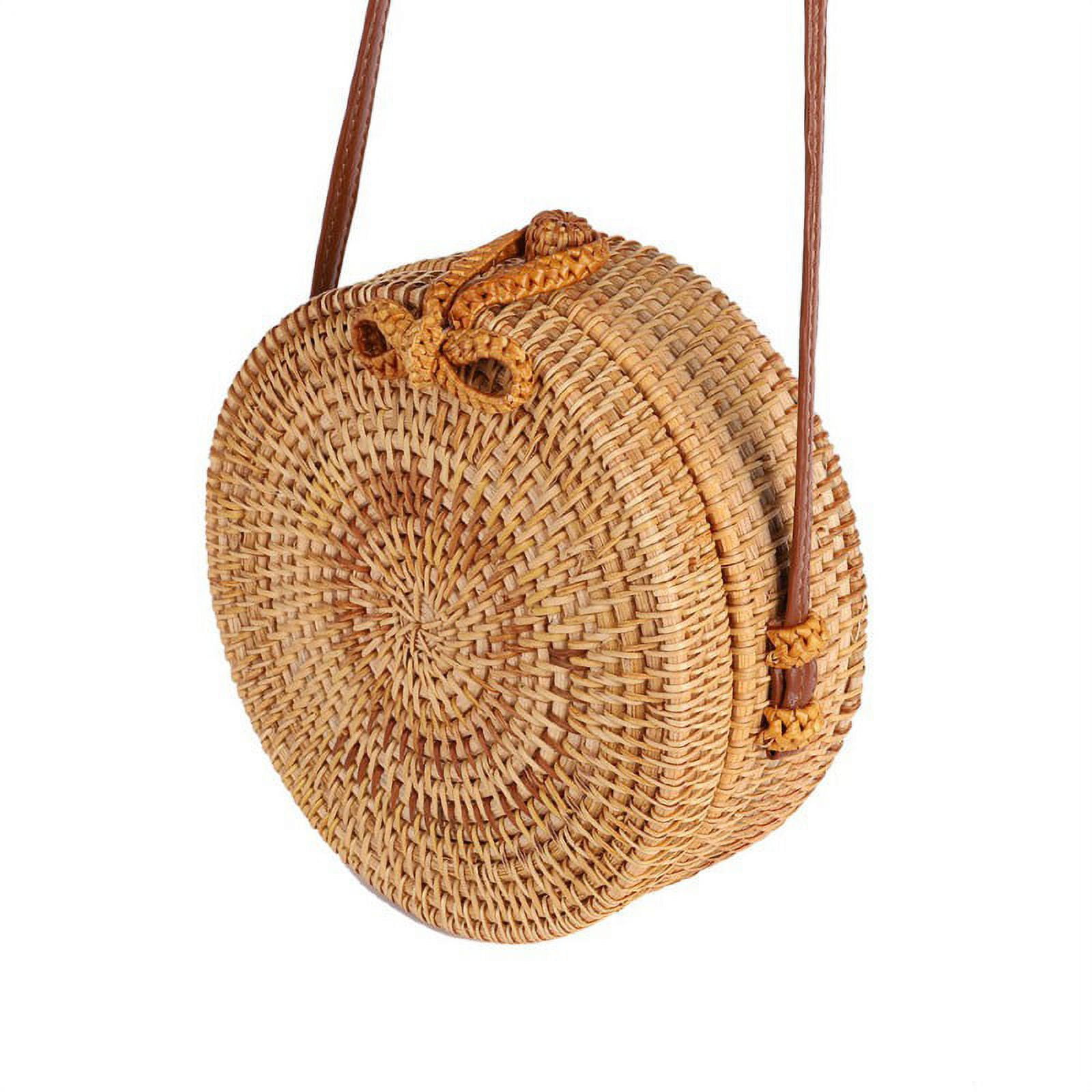 Fysho Handwoven Round Rattan Bag Shoulder Leather Straps Natural Chic