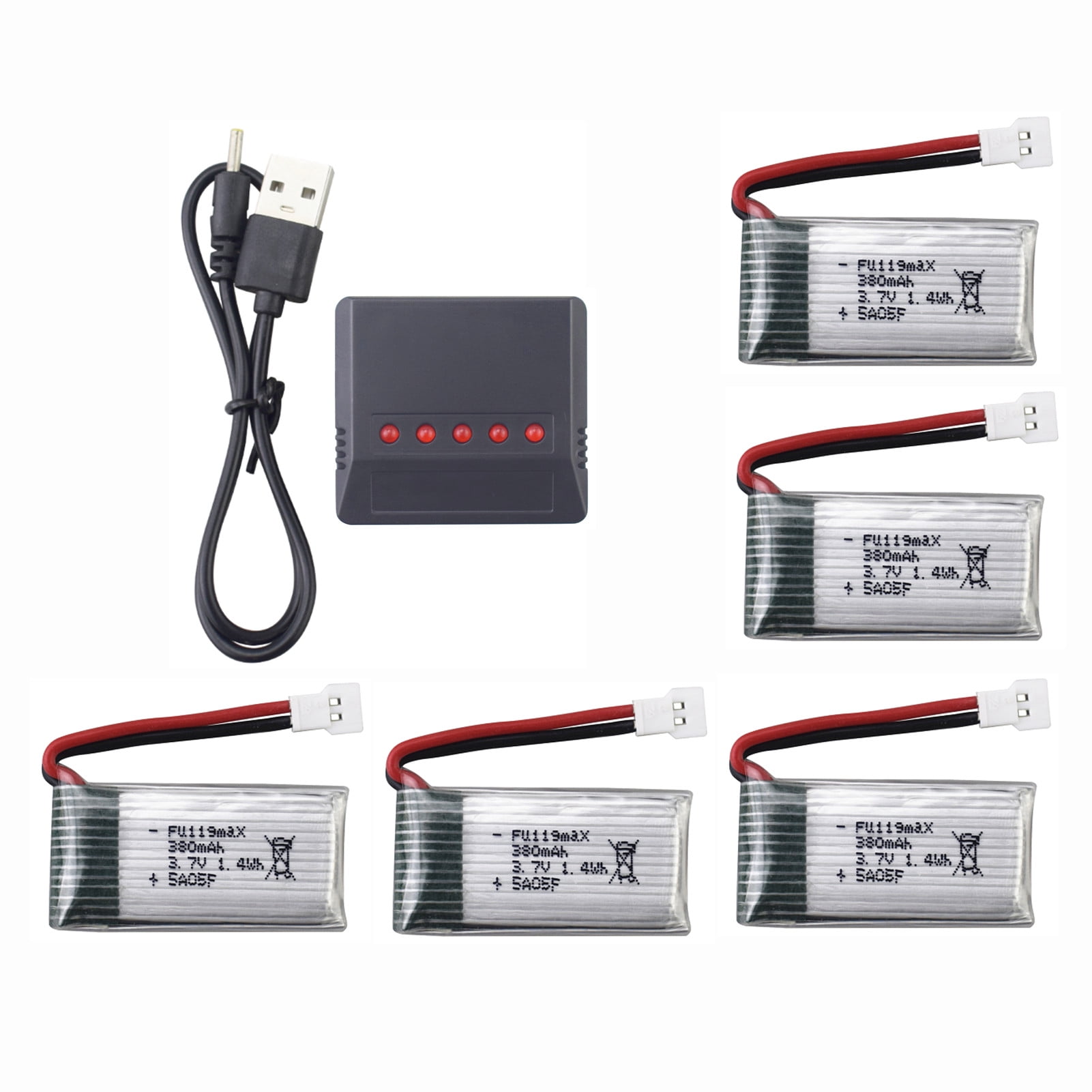 Fytoo 5PCS 3.7V 380mAh Lithium Battery With 5-in-1 Charger For Hubsan X4 H107L H107C H107D SYMA X11 X11C HS170 HS170C F180C TOZO Q2020 E016H E016F FX801 V911S A120 XK A150 V966 RC Droen