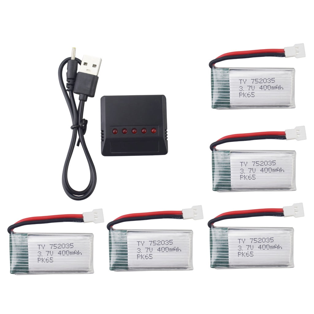 Fytoo 5PCS 3.7V 400mAh Lithium Battery With 5-in-1 Charger For Hubsan X4 H107C H107D Syma Q11 X13 S39 HS170 TOZO Q2020 E016H Wltoys V252 V966 V911S XK A150 A100 TR-C38 AT-96 RC Drone Parts Aerial Phot