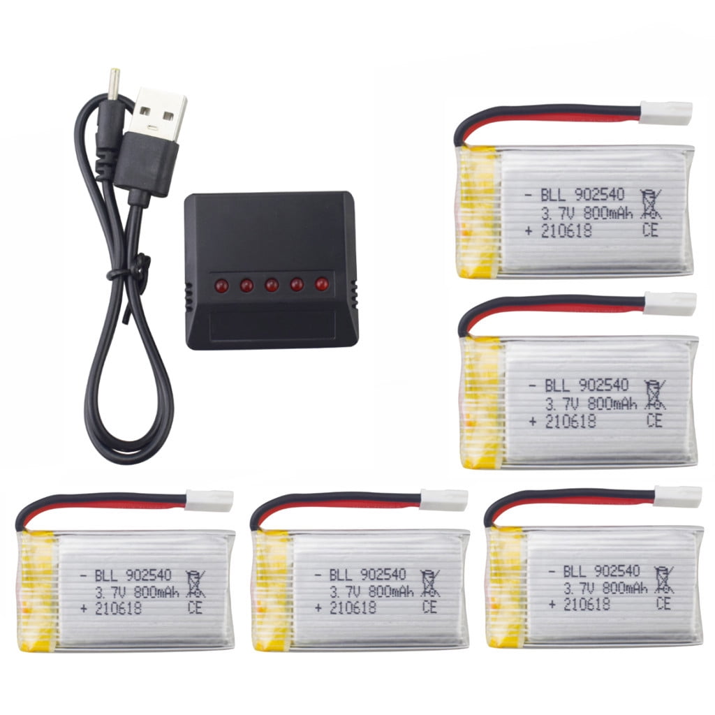 Fytoo 5PCS 3.7V 800mAh Small White Head Lithium Battery With 5-in-1 Charger For Syma X5C X5SC X5SW V931 MJX X708W X709 UDI U45W U42W E32HW S5C Four Axis Aircraft Model Drone Glider Helicopter