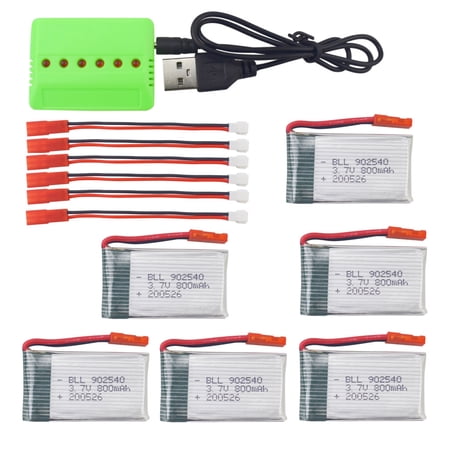 Fytoo 6PCS 3.7V 800mAh JST Head Lithium Battery With 6-in-1 Balanced Charger For MJX X300C X400 X400W X800 HS110 HS200 S670 V950hd S1750 V2450 SYMA X56W X400 X400W Four Axis Aircraft RC Car