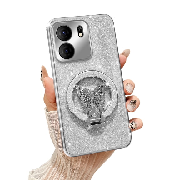 Fyxkocm for BLU View 5 Case with Stand [Compatible with Mag Safe], BLU View 5 Phone Case with Wrist Strap Shockproof Protective Soft Cover Bling Kickstand for Women Girls, Silver