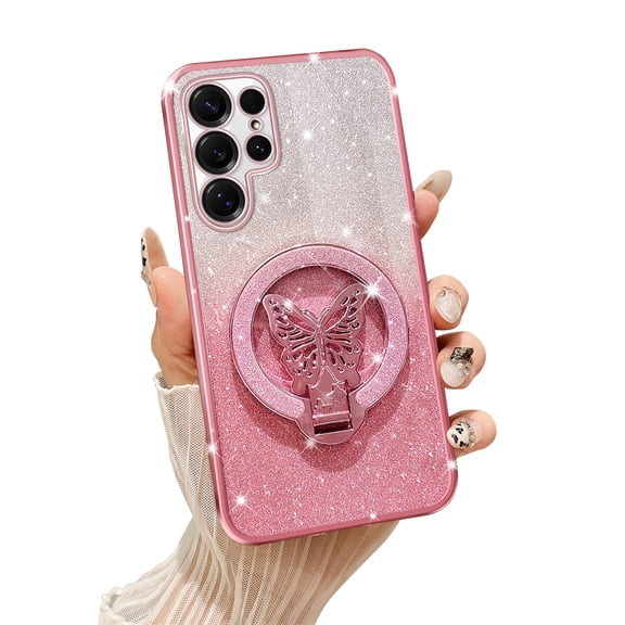 Fyxkocm Phone Case for Samsung Galaxy S25 Ultra [Compatible with Magsafe] with Butterfly Kickstand & Lanyard Soft TPU Bling Clear Shockproof Protection Cover for Galaxy S25 Ultra Case, Rose Gold