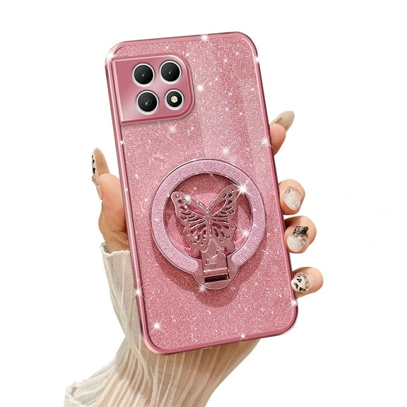 Fyxkocm Phone Case for T-Mobile Revvl 7 5G [Compatible with Magsafe] with Butterfly Kickstand & Lanyard Soft TPU Bling Clear Shockproof Protection Cover for Revvl 7 5G Case, Rose Gold