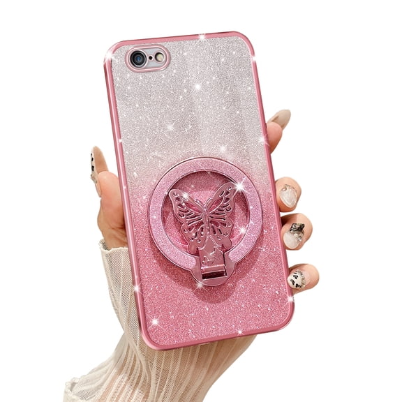 Fyxkocm Phone Case for iPhone 6S Plus [Compatible with Magsafe] with Butterfly Kickstand & Lanyard Soft TPU Bling Clear Shockproof Protection Cover for iPhone 6 Plus 5.5" Case, Rose Gold