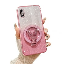Fyxkocm Phone Case for iPhone Xs [Compatible with Magsafe] with Butterfly Kickstand & Lanyard Soft TPU Bling Clear Shockproof Protection Cover for iPhone X 5.8" 2017 Case, Rose Gold