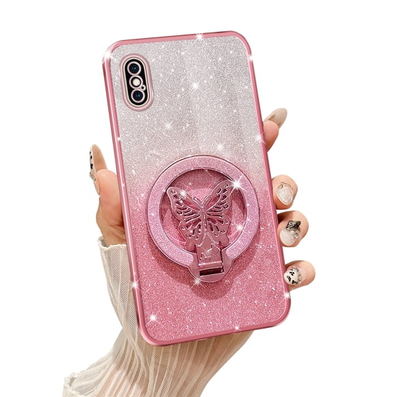 Fyxkocm Phone Case for iPhone Xs Max [Compatible with Magsafe] with Butterfly Kickstand & Lanyard Soft TPU Bling Clear Shockproof Protection Cover for iPhone Xs Max 6.5" 2018 Case, Rose Gold