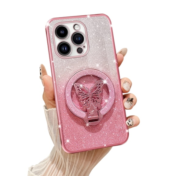 Fyxkocm Phone Case for iphone 14 Pro [Compatible with Magsafe] with Butterfly Kickstand & Lanyard Soft TPU Bling Clear Shockproof Protection Cover for iphone 14 Pro Case, Rose Gold