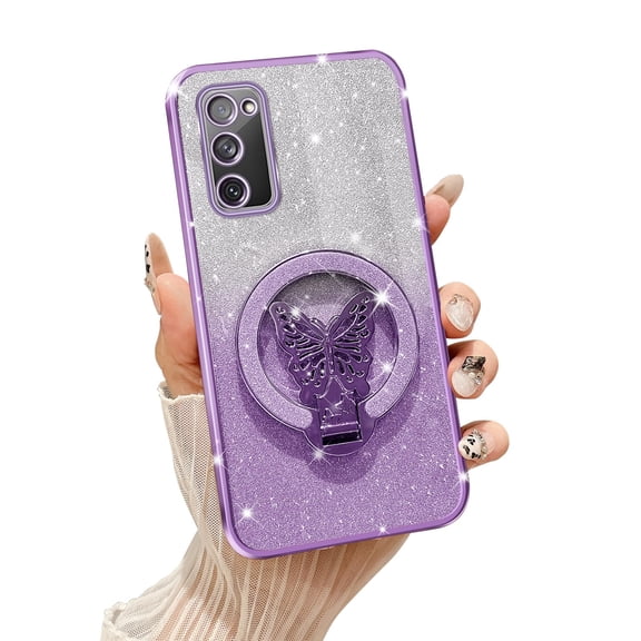 Fyxkocm for Samsung S20 FE Case with Butterfly Stand and Lanyard, Women Girls Bling Luxury Gradient Glitter Clear Phone Case Shockproof Protective Cover for Galaxy S20 FE, Purple