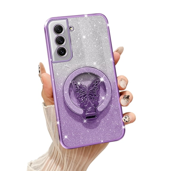 Fyxkocm for Samsung S21 FE Case with Butterfly Stand and Lanyard, Women Girls Bling Luxury Gradient Glitter Clear Phone Case Shockproof Protective Cover for Galaxy S21 FE, Purple