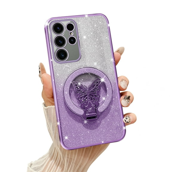Fyxkocm for Samsung S23 Ultra Case with Butterfly Stand and Lanyard, Women Girls Bling Luxury Gradient Glitter Clear Phone Case Shockproof Protective Cover for Galaxy S23 Ultra, Purple