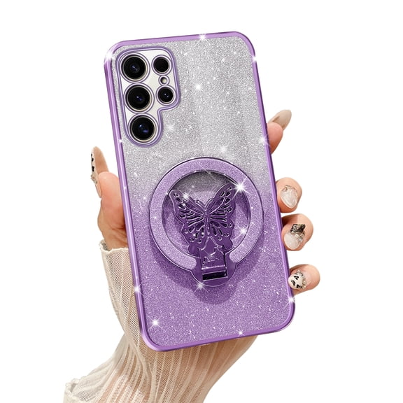 Fyxkocm for Samsung S24 Ultra Case with Butterfly Stand and Lanyard, Women Girls Bling Luxury Gradient Glitter Clear Phone Case Shockproof Protective Cover for Galaxy S24 Ultra, Purple