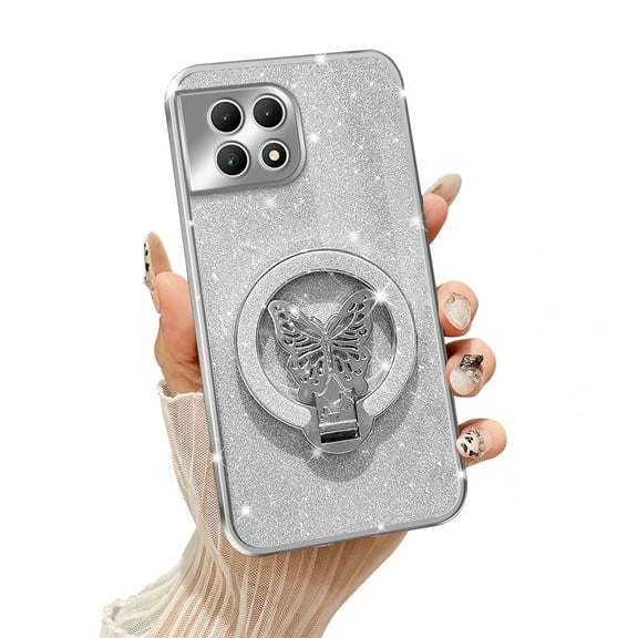 Fyxkocm for T-Mobile Revvl 7 5G Case with Stand [Compatible with Mag Safe], Revvl 7 5G Phone Case with Wrist Strap Shockproof Protective Soft Cover Bling Kickstand for Women Girls, Silver