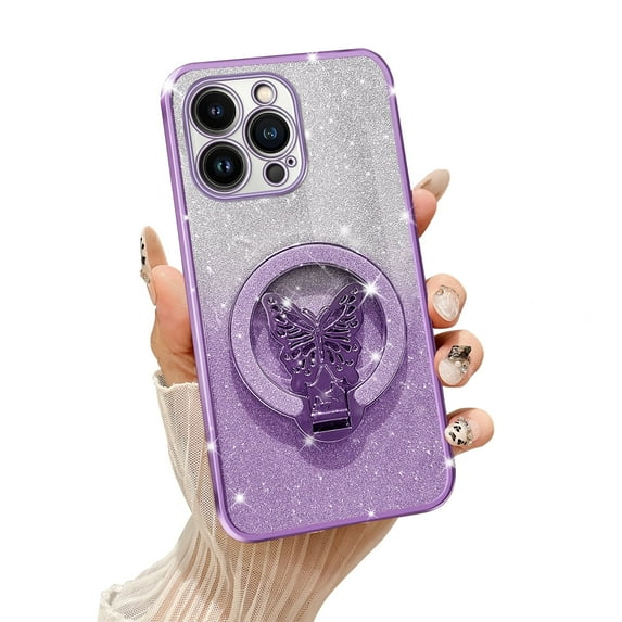 Fyxkocm for iPhone 13 Pro Max Case with Butterfly Stand Compatible with Magsafe, Women Girls Bling Luxury Glitter Clear Phone Case Shockproof Protective Cover for iPhone 13 Pro Max 6.7 inch, Purple