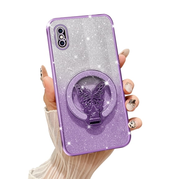 Fyxkocm for iPhone Xs Max Case with Butterfly Stand Compatible with Magsafe, Women Girls Bling Luxury Glitter Clear Phone Case Shockproof Protective Cover for iPhone Xs Max 6.5 inch, Purple