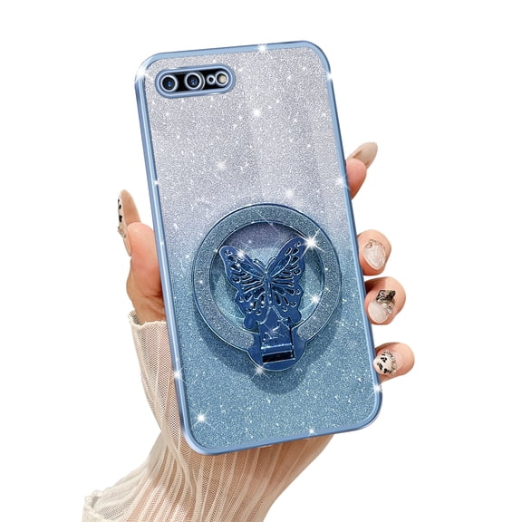 Fyxkocm for iPhone iPhone 8 Plus & iPhone 7 Plus Case with Stand [Compatible with Mag Safe], for iPhone 8 Plus Phone Case with Wrist Strap Shockproof Protective Cover Bling for Women Girls, Blue