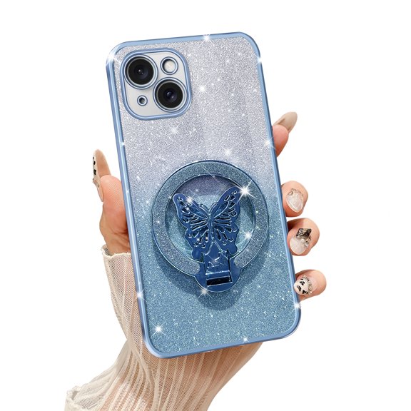 Fyxkocm for iphone 15 Plus Case with Stand [Compatible with Mag Safe], for iphone 15 Plus Phone Case with Wrist Strap Shockproof Protective Soft Cover Bling Kickstand for Women Girls, Blue