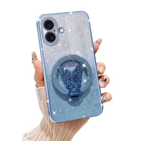 Fyxkocm for iphone 16 Plus Case with Stand [Compatible with Mag Safe], for iphone 16 Plus Phone Case with Wrist Strap Shockproof Protective Soft Cover Bling Kickstand for Women Girls, Blue