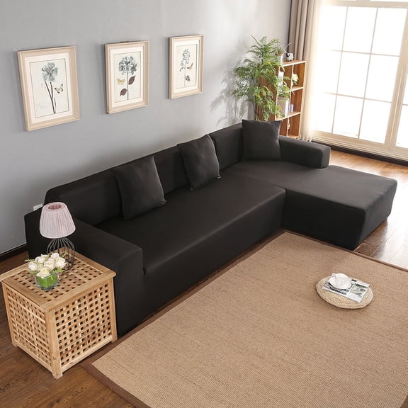 Fyydes 3+2 Seat Corner Sofa Cover L Shape Slipcover Protector for Living Room (Black)