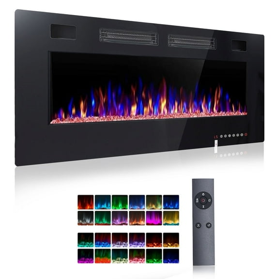 Fyydes 50in Electric Fireplace Insert Indoor Ultra Thin Mute Inlet & Outlet Vents, Wall Mounted Recessed Adjustable Multiple Flame Colors & 5 Speeds & 8H Timer, 750W/1500W,Remote Control