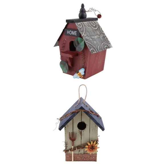 Fzaqwen 2Pcs Hanging Wood Bird House, Retro Arts and Crafts Country Cottages Bird House,