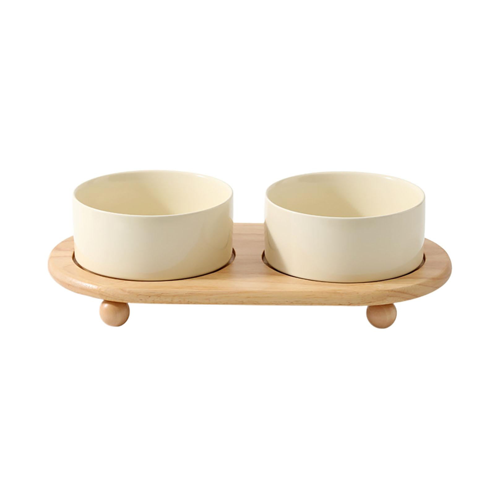 Fzaqwen Cat Dishes Protect Cat's Spine with Wooden Stand Ceramic Stoneware Pet Bowl for beige
