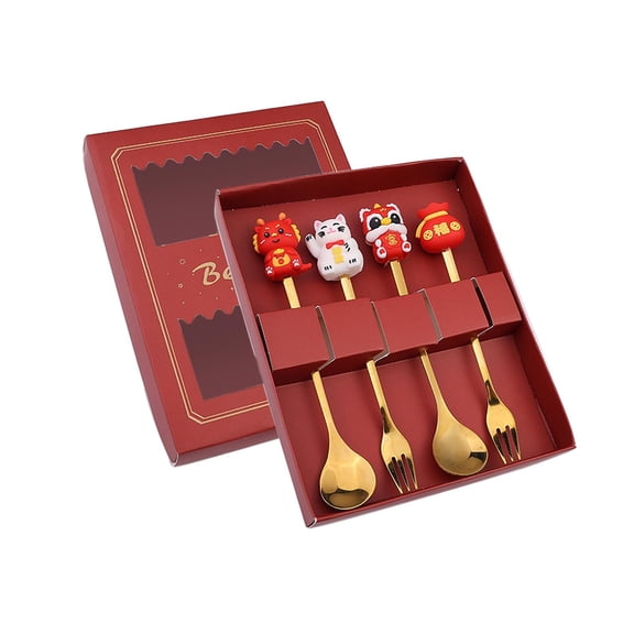 Fzaqwen Chinese New Year Tableware Spoon and Fork Set Multipurpose Coffee Spoon Creative Style A