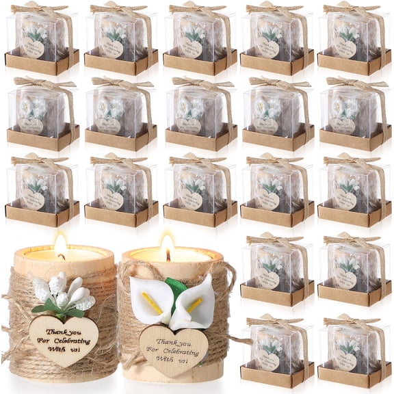 Fzchyzoar 20 Sets Baptism Candle Favors for Guests Wooden Candle Holders with Tealight Candles Tags and Gift Boxes for Baptism Wedding Party Baby Shower Souvenirs(White,Thank You)