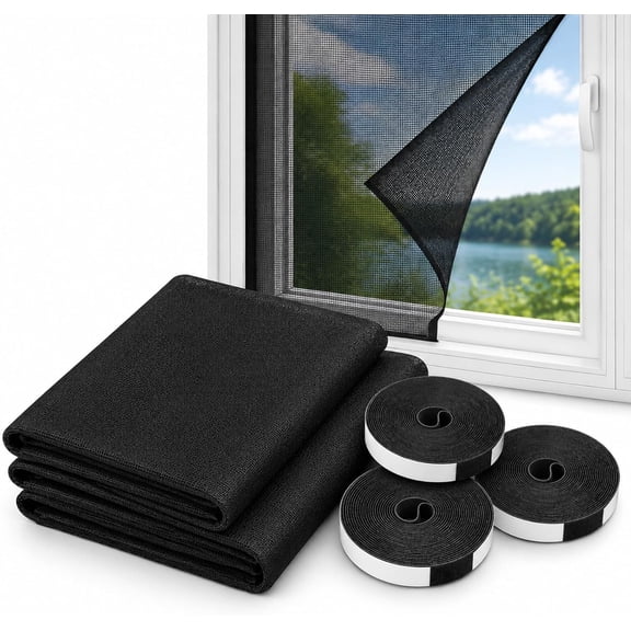 Fzchyzoar 6-Pack Fly Screens for Windows, Window Fly Screen with Self Adhesive Hook & Loop Tape, Washable Mosquito Net Mesh, No Drill DIY Insect Screen for Home, Bedroom & Kitchen Black