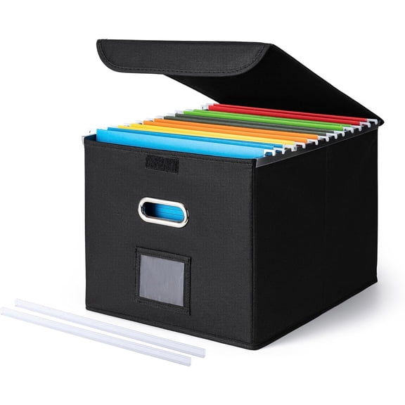 Fzchyzoar File Organizer Box with Lid, Large Hanging File Folder Organizer with Plastic Slide, Collapsible Portable Filing Storage Boxes for Office/Decor/Home (Black, 14.9 x 12.59 x 10.8 inch