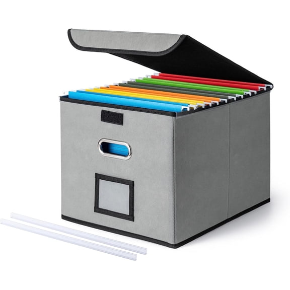 Fzchyzoar File Organizer Box with Lid, Large Hanging File Folder Organizer with Plastic Slide, Collapsible Portable Filing Storage Boxes for Office/Decor/Home (Grey, 14.9 x 12.59 x 10.8 inch
