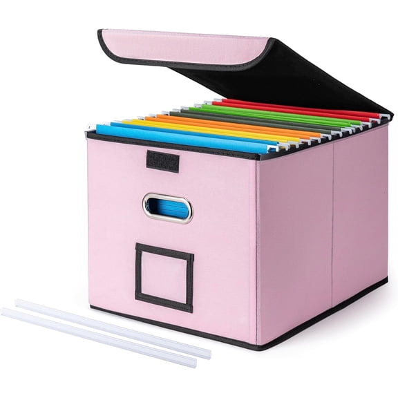 Fzchyzoar File Organizer Box with Lid, Large Hanging File Folder Organizer with Plastic Slide, Collapsible Portable Filing Storage Boxes for Office/Decor/Home (Pink, 14.9 x 12.59 x 10.8 inch