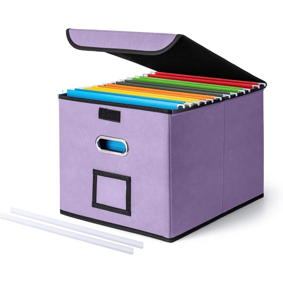 Fzchyzoar File Organizer Box with Lid, Large Hanging File Folder Organizer with Plastic Slide, Collapsible Portable Filing Storage Boxes for Office/Decor/Home (Purple, 14.9 x 12.59 x 10.8 inch)