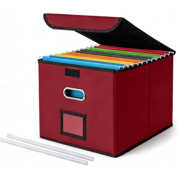 Fzchyzoar File Organizer Box with Lid, Large Hanging File Folder Organizer with Plastic Slide, Collapsible Portable Filing Storage Boxes for Office/Decor/Home (Wine Red, 14.9 x 12.59 x 10.8 inch)