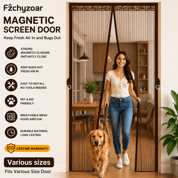 Fzchyzoar Magnetic Screen Garage Screen Doors 39" x 94.5" Fits Door Size 37" x 92" Fly Screen with and Bottom Weight Bar, Hands Free Dogs Cats Friendly Door Screen, Brown Stripes