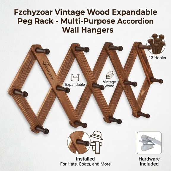 Fzchyzoar Retro Wooden Accordian Clothes Hanger, 13 Hooks for Expandable Wall-mounted Coat Rack, for Folding Hanging of Hats, Coats, Scarves, Keys, Jewelry and Mugs