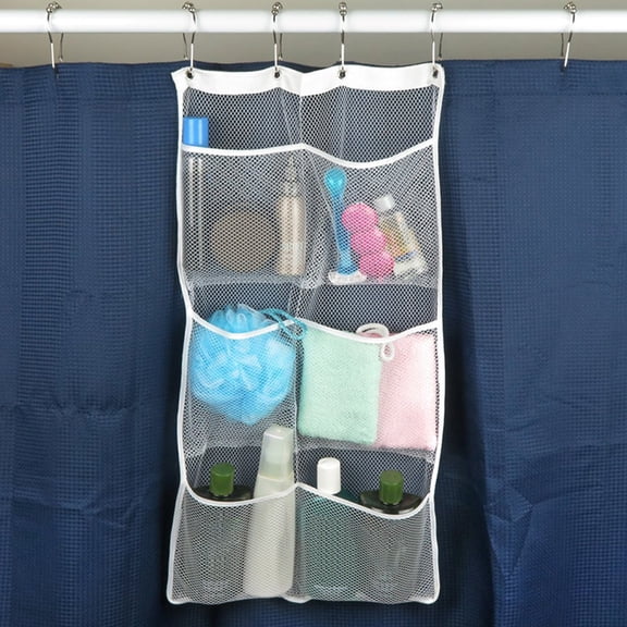 Txkrhwa 6 Pockets Hanging Mesh Storage Bags, Shower Curtain Caddy Organizer Bag, with over the Door Hooks to Hold Toiletries, Shampoos, Soaps, Bath Toy