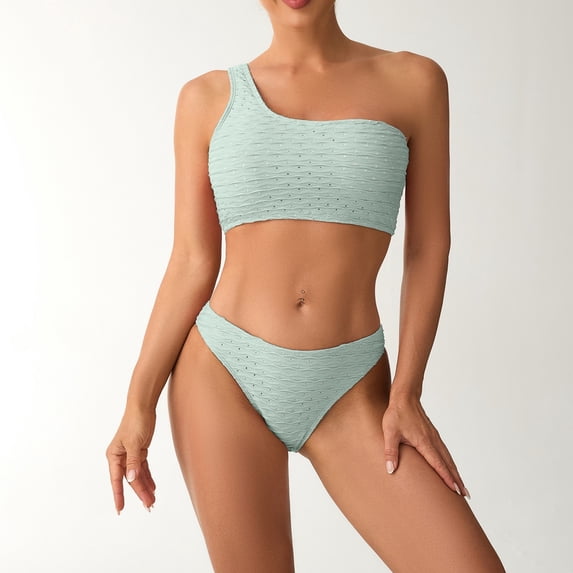 Fznquz 2 Piece Bathing Suits for Women Cheeky One Shoulder Swimsuit High Waisted Tummy Control Bathing Suit,M