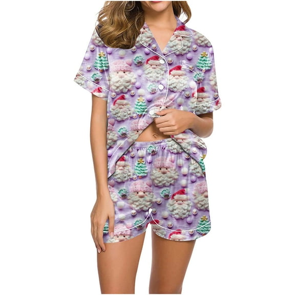 Fznquz 2 Piece Women Pajama Sets Satin Christmas Button Down Pjs Short Sleeve Xmas Soft Women's Loungewear Sets