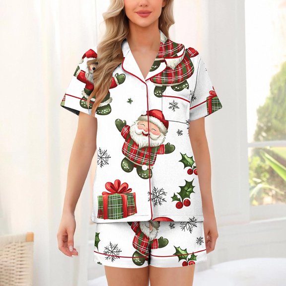 Fznquz 2 Piece Womens Winter Pajamas Button Down Cozy Sleepwear Short Sleeve Tops and Shorts Xmas Christmas Lounge Sets