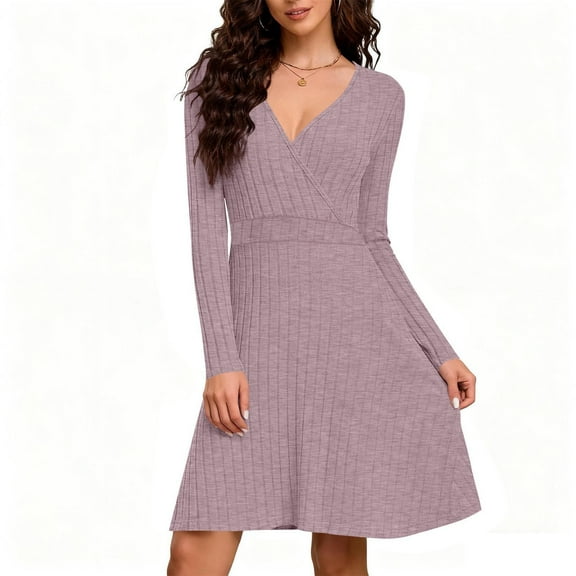 Fznquz 2026 Ladies Dresses Long Sleeve Purple Wrap Knit Sweater Dress A-Line Elegant V Neck Fall Winter Dress for Women