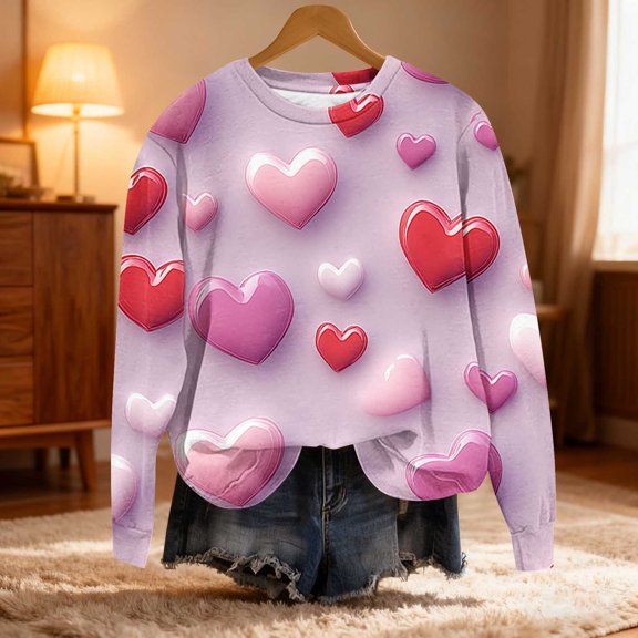 Fznquz 2026 Women Blouses Valentines Plus Size Cute Red T Shirts Crewneck Love Heart Pullover Trendy Womens Oversized Tee Shirts,L
